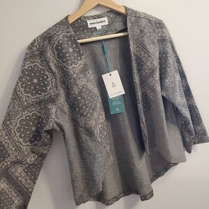 Neon Buddha Small New Cardigan Open Flowy 3/4 Sleeve Grey Boho Paisley Cotton